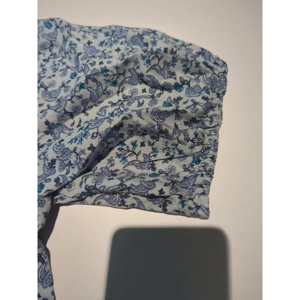Old Navy Blue Floral Paisley Peasant Blouse L Boho Cottagecore Square Neck Blue